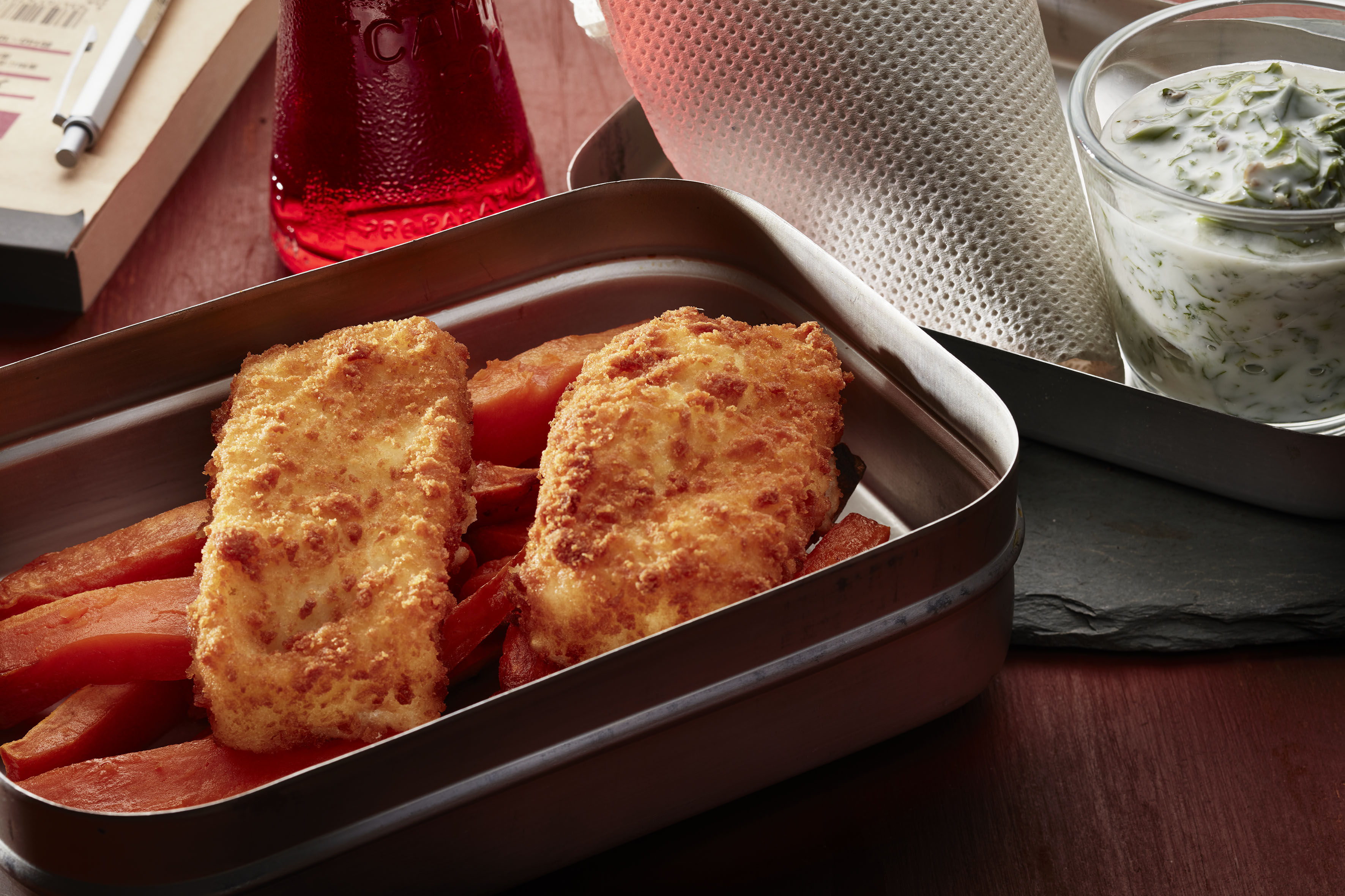 Sprøpanert torsk med søtpotet og limedressing